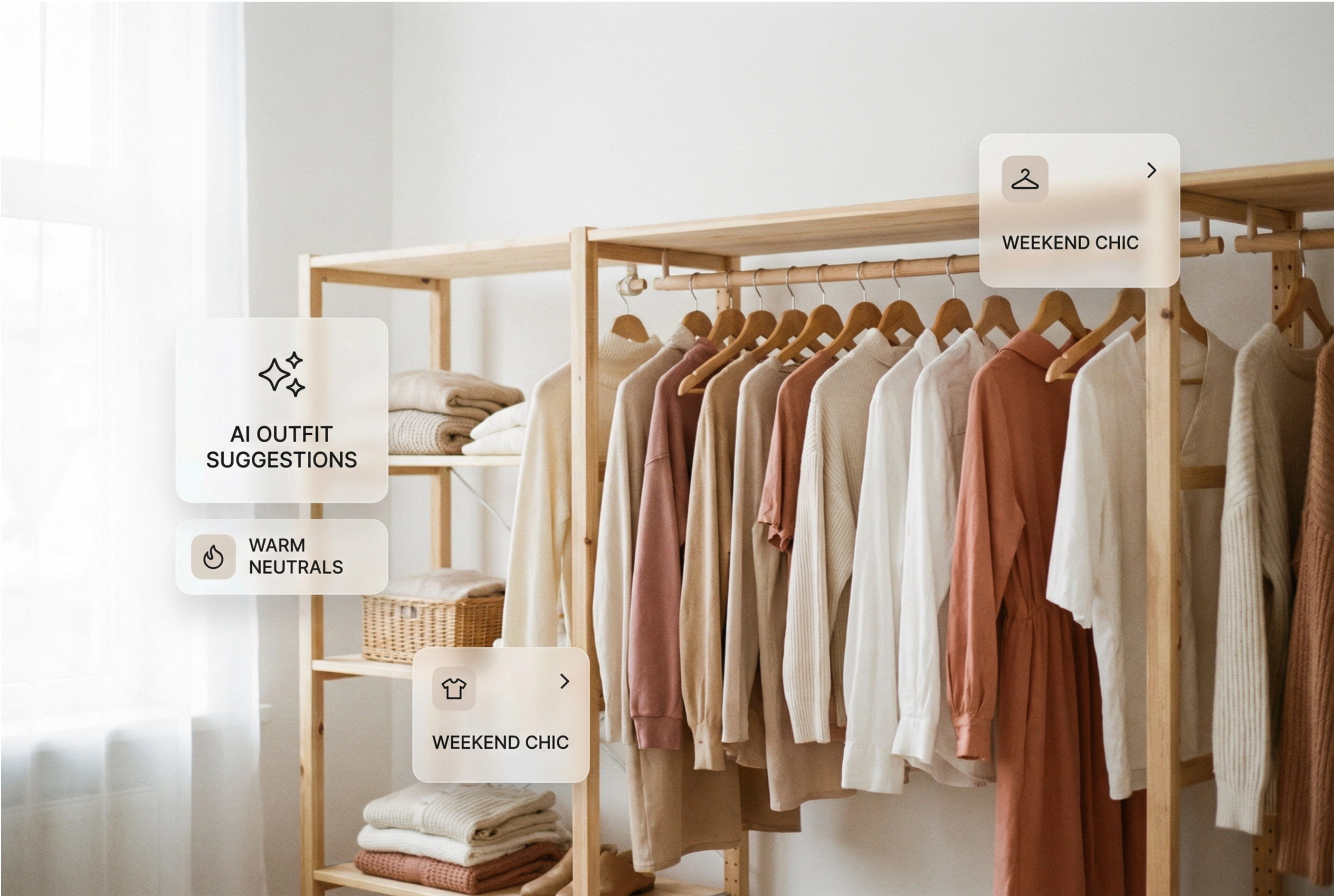 Organized wardrobe with AI outfit suggestions